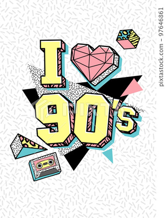 Poster in 80s-90s memphis style. 97646861