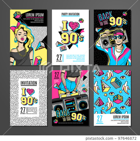 Set of cards and banners in 80s-90s memphis style. 97646872