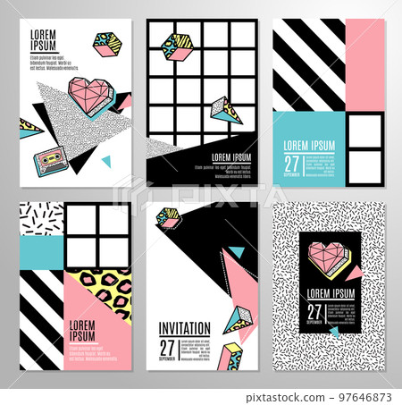 Set of cards and banners in 80s-90s memphis style. Set of cards and banners in 80s-90s memphis style. 97646873