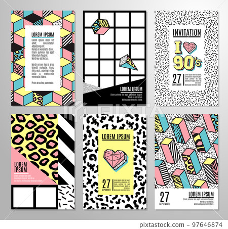 Set of cards and banners in 80s-90s memphis style. Set of cards and banners in 80s-90s memphis style. 97646874