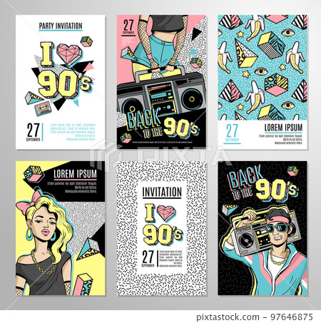 Set of cards and banners in 80s-90s memphis style. Set of cards and banners in 80s-90s memphis style. 97646875
