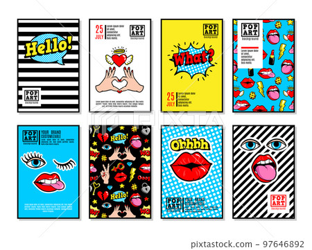 Vector cards and banners in 80s-90s comic style. 97646892