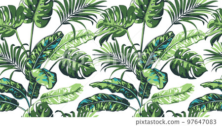 Tropical seamless pattern with palm leaves. 97647083