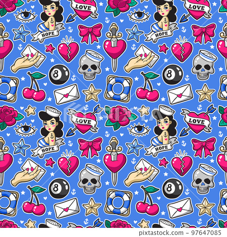 Old school seamless pattern in rockabilly style. 97647085
