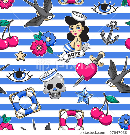 Old school seamless pattern in rockabilly style. Old school seamless pattern in rockabilly style. 97647088