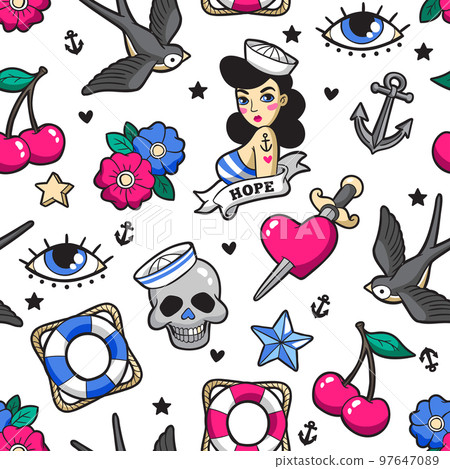 Old school seamless pattern in rockabilly style. 97647089