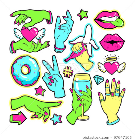 Fashion patch badges with gestures of hands. Fashion patch badges with gestures of hands. 97647105