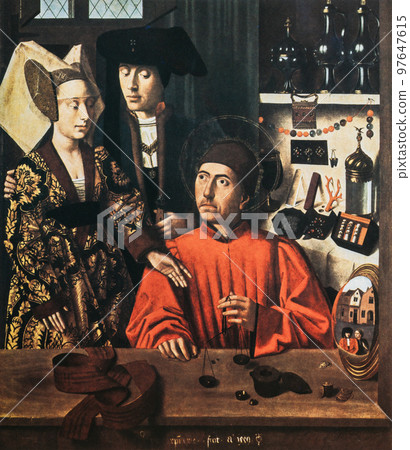 Petrus Christus. The St. Eligius In His Workshop Or Goldsmith In His Shop. Painting By Petrus Christus, A Leading Painter In Bruges. Painting Is Among Best Known Of Masterpiece Of Northern Renaissance 97647615