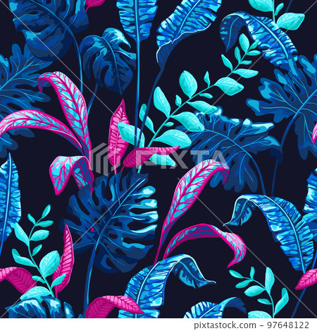 Tropical seamless pattern with palm leaves. Tropical seamless pattern with palm leaves. 97648122