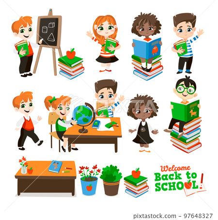 Back to school set with pupils. Back to school set with pupils. 97648327