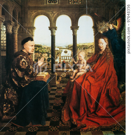 Jan Van Eyck, Madonna Of Chancellor Rolin. Jan Van Eyck Was Early Netherlandish Pioneering Artist Of Northern Renaissance, Diplomat, Master Of Portraiture 97648356