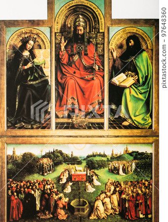 Jan Van Eyck, The Ghent Altarpiece Central Panels Is A Large And Complex 15th-century Polyptych Altarpiece In St Bavo's Cathedral, Ghent, Belgium. Jan And Hubert Van Eyck 97648360