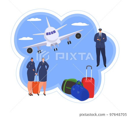 Travel at plane, people in journey concept vector illustration. Vacation tourism by airplane background, flight transportation design. 97648705