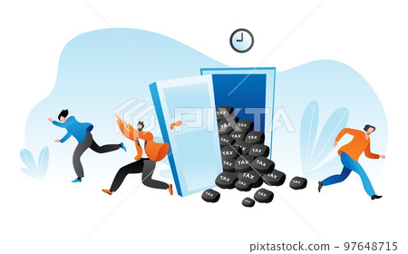 Time to pay tax, people run escape from finance problem vector illustration. Cartoon man woman character avoid debt document banner. 97648715