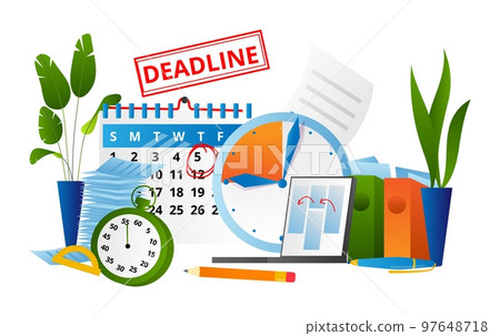 Business deadline, time management concept vector illustration. Flat clock in work office, success strategy plan banner. Business deadline, time management concept vector illustration. Flat clock in work office, success strategy plan banner. 97648718
