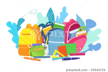 School backpack for education, vector illustration. Bag for college study concept, cartoon icon equipment design background. School backpack for education, vector illustration. Bag for college study concept, cartoon icon equipment design background. 97648726