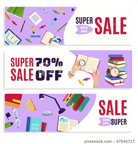Book notebook big sale banner, template poster background set vector illustration. Business art about education, school graphic elements. Book notebook big sale banner, template poster background set vector illustration. Business art about education, school graphic elements. 97648727