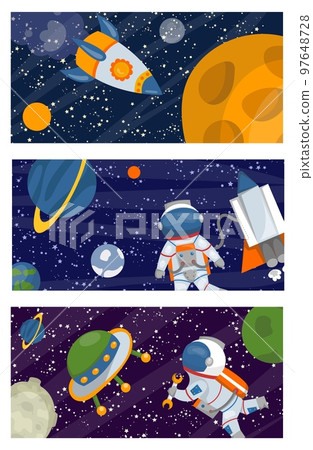 Space science, man in universe galaxy banner vector illustration. Rocket technology, star, astronomy card set. 97648728