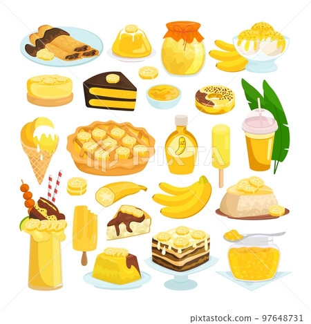 Sweet delicious homemade banana desserts collection cartoon elements, vector illustration. natural products made from berries Sweet delicious homemade banana desserts collection cartoon elements, vector illustration. natural products made from berries 97648731