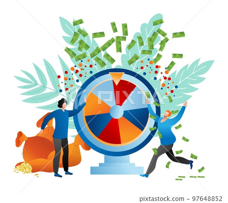 Fortune wheel at online casino, people play at gambling concept vector illustration. Game landing banner, mobile roulette in internet web page. Fortune wheel at online casino, people play at gambling concept vector illustration. Game landing banner, mobile roulette in internet web page. 97648852
