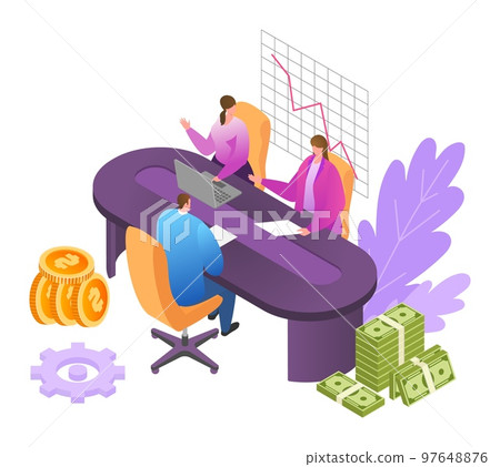 Financial business consultation with flat people character vector illustration. Finance analysis web banner, consultant accounting company investment 97648876