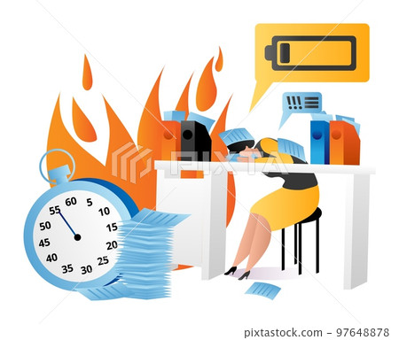People deadline emotional burnout, woman charcater work in office landing page, vector illustration. Business person worker manager tired at desk. 97648878