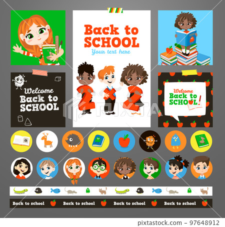 Back to school printable set with pupils. Back to school printable set with pupils. 97648912