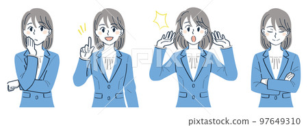 A woman in a business suit Upper body illustration set of facial poses (worried, explained, surprised, nodded) 97649310