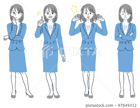一個穿著西裝的女人全身插圖集的面部表情姿勢（擔心、解釋、驚訝、點頭） 97649312
