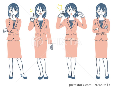 一個穿著西裝的女人全身插圖集的面部表情姿勢(擔心、解釋、驚訝、點頭) 一個穿著西裝的女人全身插圖集的面部表情姿勢(擔心、解釋、驚訝、點頭) 97649313