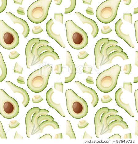Seamless pattern with green avocado slices. Traditional Mexican food. Delicious yummy product. Texture for fabric, wallpaper, restaurant paper and menu 97649728