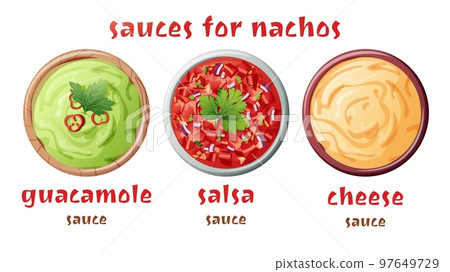 Set of sauces for nachos on an isolated background. Guacamole, salsa, cheese sauce. Traditional Mexican food. Vector illustration Set of sauces for nachos on an isolated background. Guacamole, salsa, cheese sauce. Traditional Mexican food. Vector illustration 97649729