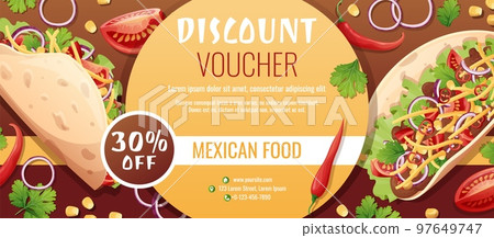 Discount voucher, mexican food template design. Coupon with tacos with pepper meat, cheese. Banner, poster, flyer, advertising for a restaurant 97649747