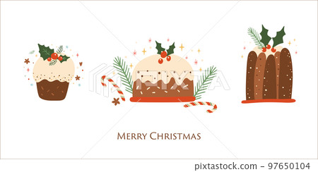 Christmas pudding set isolated vector element. Tasty Christmas cake or Cute winter holiday pie with holly berry food illustration. Hand drawn baked Christmas dessert collection. 97650104