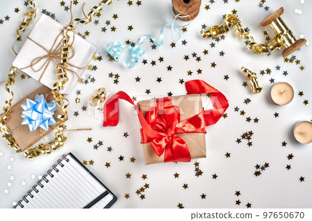 Christmas or New Year planning background in Gold Tones. Prepare to winter holidays. Top view, flat lay. 97650670