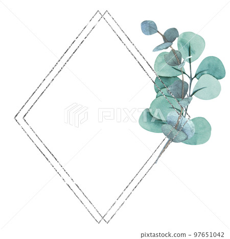 Hand painted watercolor illustration of green eucalyptus frame with silver lines. Hand painted watercolor illustration of green eucalyptus frame with silver lines. 97651042
