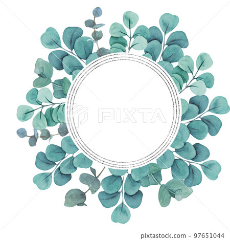 Hand painted watercolor illustration of green eucalyptus frame with silver lines. Hand painted watercolor illustration of green eucalyptus frame with silver lines. 97651044