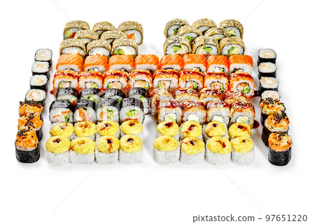 Large set of various Japanese sushi rolls on white background Large set of various Japanese sushi rolls on white background 97651220