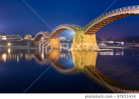 Iwakuni, Yamaguchi, Japan at Kintaikyo Bridge over the Nishiki River 97651414