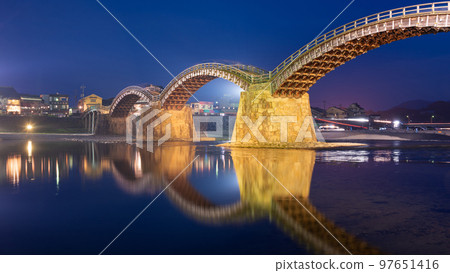 Iwakuni, Yamaguchi, Japan at Kintaikyo Bridge over the Nishiki River 97651416