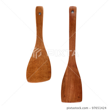Long and short wooden kitchen spatulas vertically on a white background. 97651424