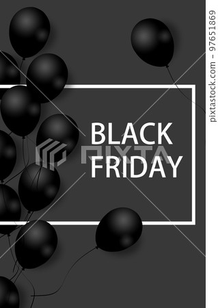 Black Friday Sale Poster with black balloons on gray background with square frame. Illustration. Black Friday Sale Poster with black balloons on gray background with square frame. Illustration. 97651869