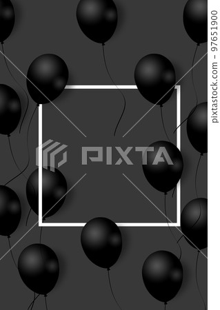 Beautiful black balloons randomly flying over white frame. Party elegant background with space for text. White frame, balloons. Beautiful black balloons randomly flying over white frame. Party elegant background with space for text. White frame, balloons. 97651900