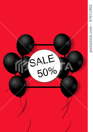 Black Friday Sale Poster with black balloons on red background with square frame. Illustration. 97651902