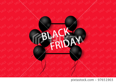 Black Friday Sale Poster with black balloons on red background with square frame. Illustration. Black Friday Sale Poster with black balloons on red background with square frame. Illustration. 97651903