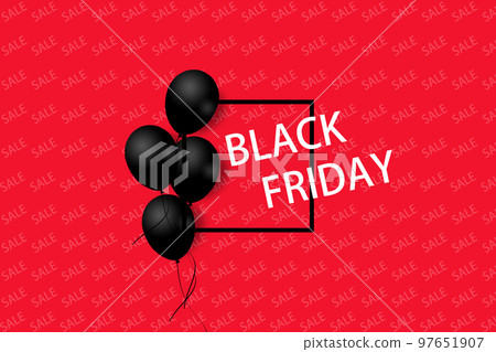 Black Friday Sale Poster with black balloons on red background with square frame. Illustration. 97651907