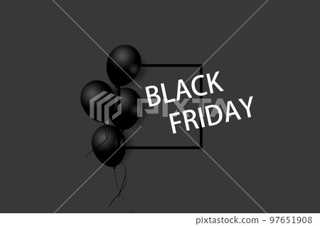 Black Friday Sale Poster with black balloons on gray background with square frame. Illustration. Black Friday Sale Poster with black balloons on gray background with square frame. Illustration. 97651908