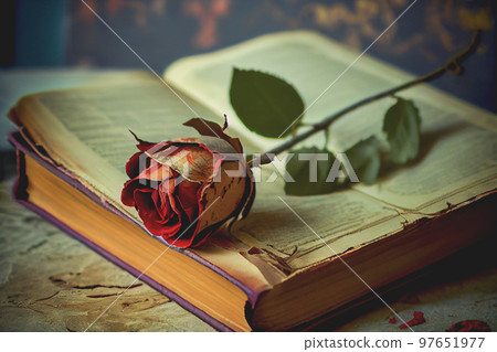 A dried red rose placed upon an old book conjures memories of a past romance. 3D illustration A dried red rose placed upon an old book conjures memories of a past romance. 3D illustration 97651977