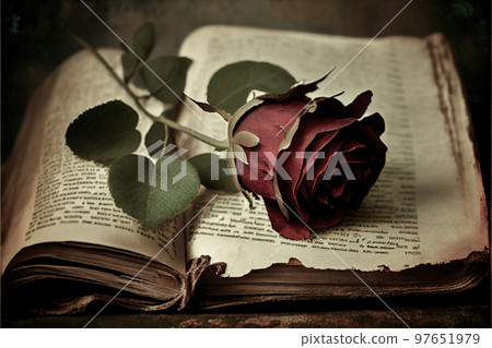 A dried red rose placed upon an old book conjures memories of a past romance. 3D illustration 97651979