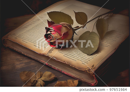 A dried red rose placed upon an old book conjures memories of a past romance. 3D illustration 97651984